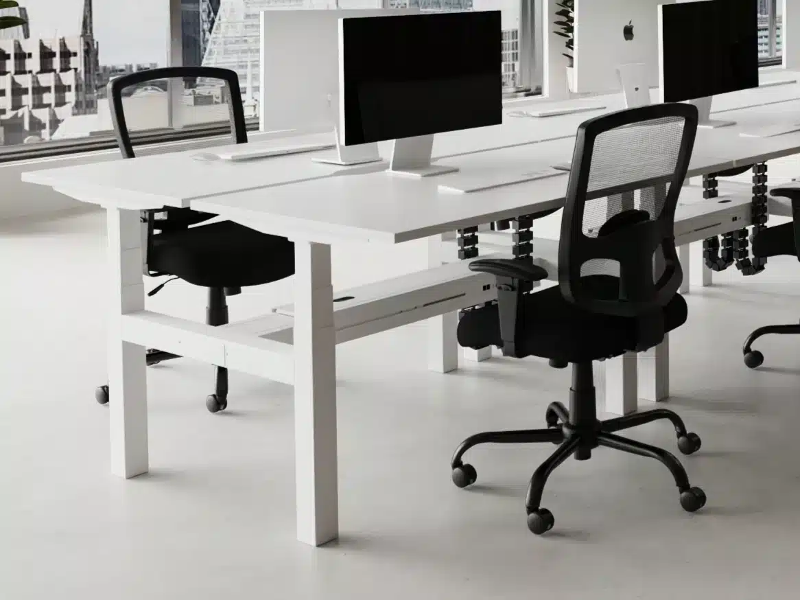 b2b height adjustable desks with portland hd chairs closeup