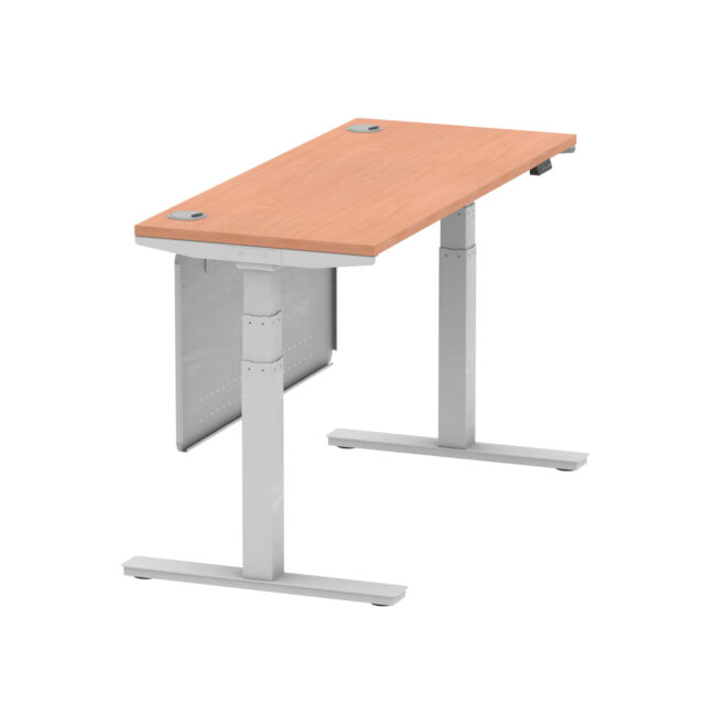air height adjustable slimline desk with cable ports with steel modesty panel