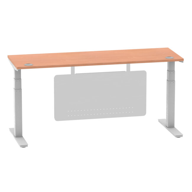 air height adjustable slimline desk with cable ports with steel modesty panel