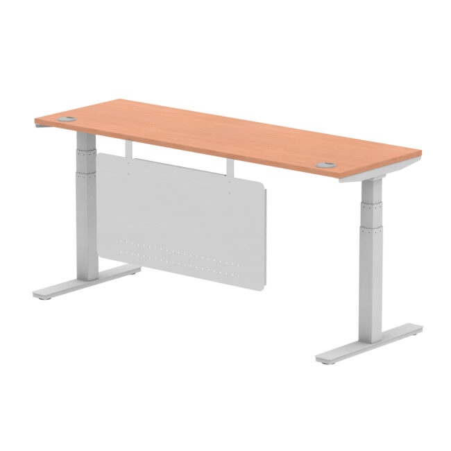 air height adjustable slimline desk with cable ports with steel modesty panel