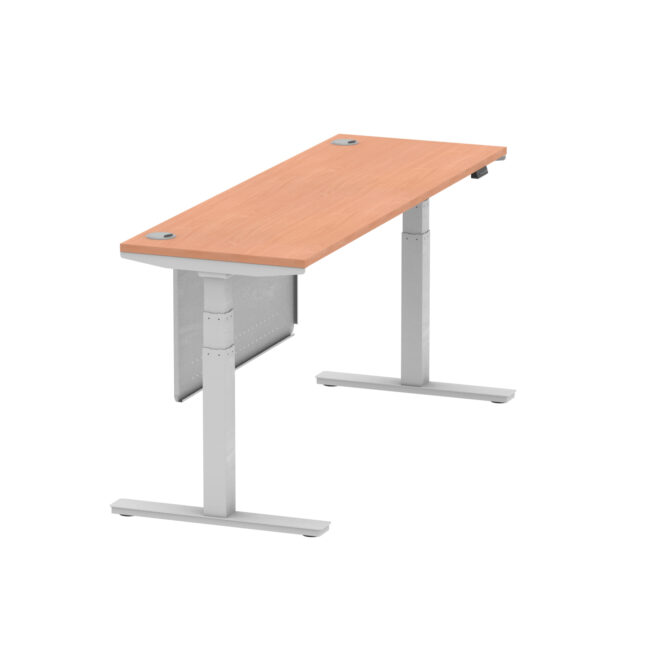 air height adjustable slimline desk with cable ports with steel modesty panel