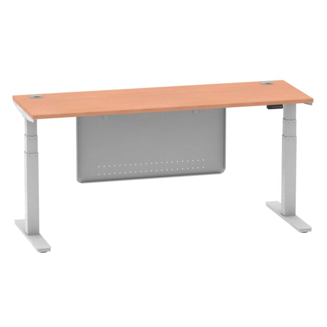 air height adjustable slimline desk with cable ports with steel modesty panel