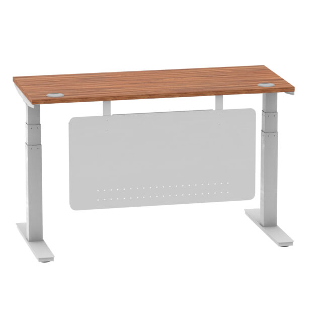 air height adjustable slimline desk with cable ports with steel modesty panel