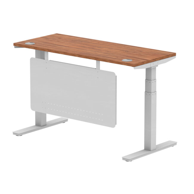 air height adjustable slimline desk with cable ports with steel modesty panel