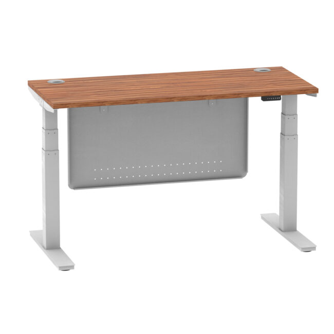 air height adjustable slimline desk with cable ports with steel modesty panel