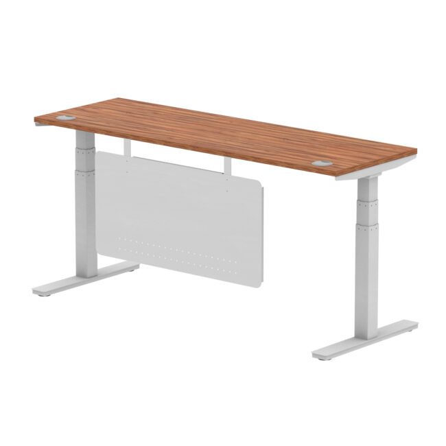 air height adjustable slimline desk with cable ports with steel modesty panel