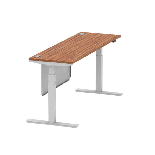 air height adjustable slimline desk with cable ports with steel modesty panel