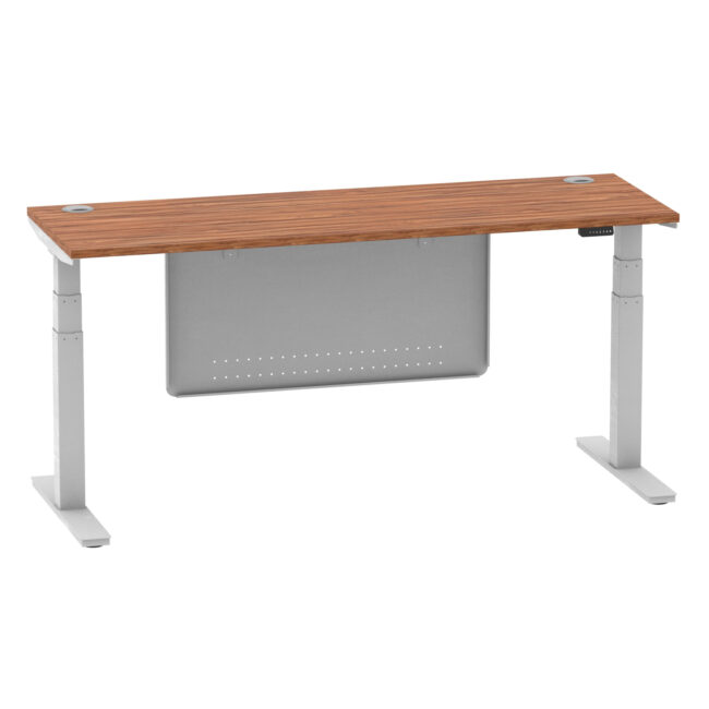air height adjustable slimline desk with cable ports with steel modesty panel
