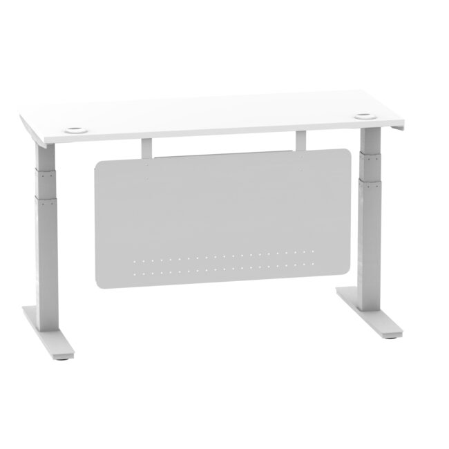 air height adjustable slimline desk with cable ports with steel modesty panel