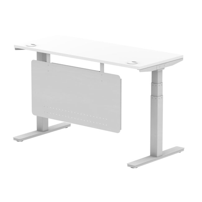 air height adjustable slimline desk with cable ports with steel modesty panel