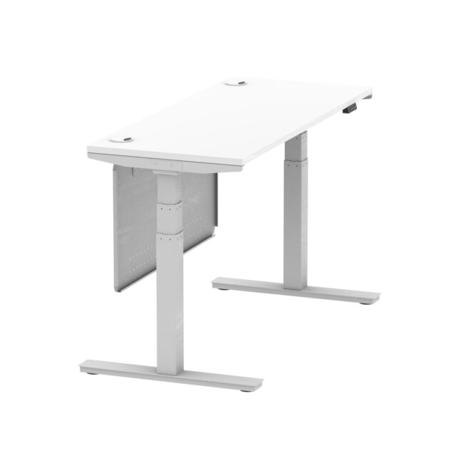 air height adjustable slimline desk with cable ports with steel modesty panel