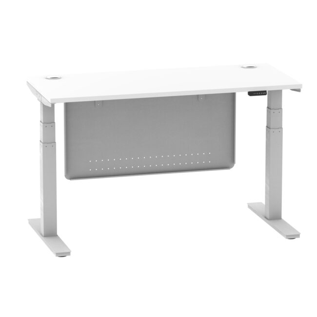 air height adjustable slimline desk with cable ports with steel modesty panel