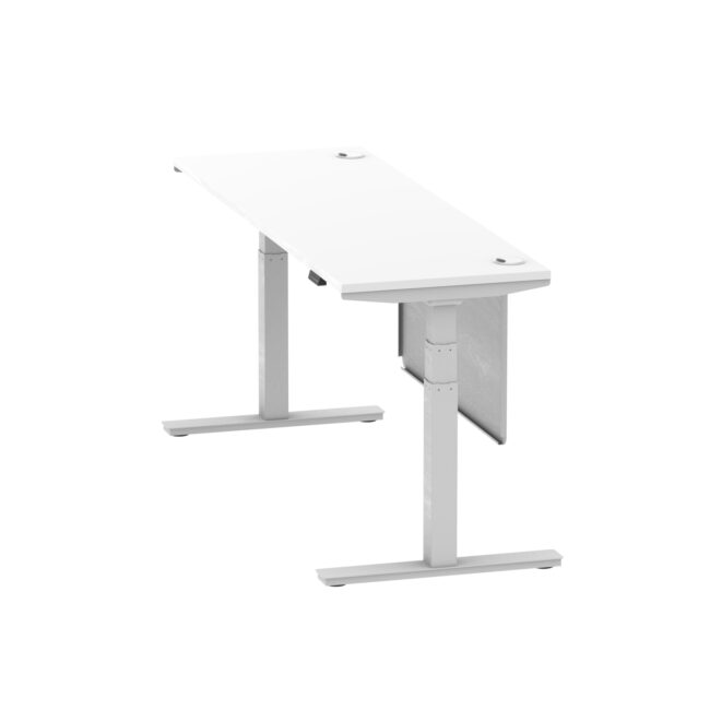 air height adjustable slimline desk with cable ports with steel modesty panel
