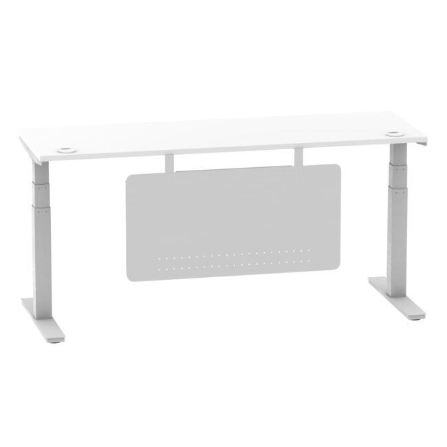 air height adjustable slimline desk with cable ports with steel modesty panel