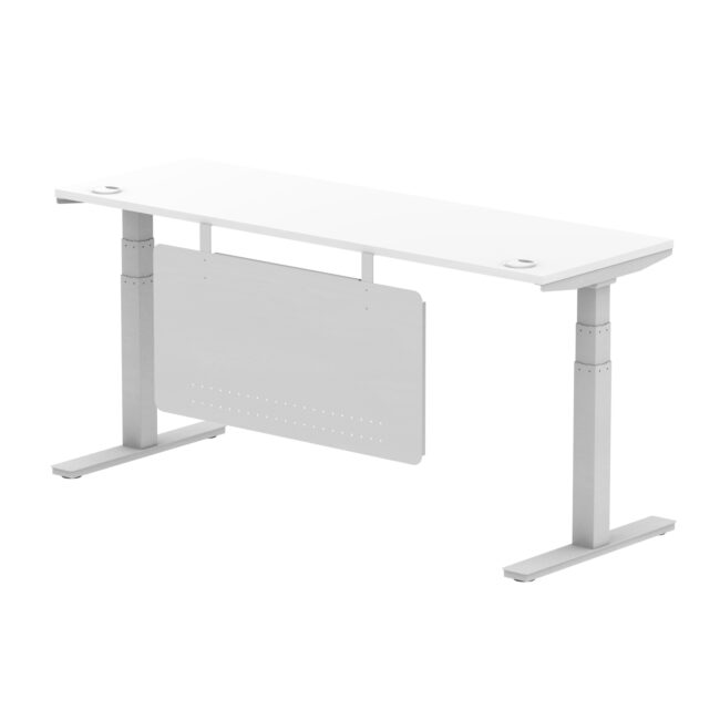 air height adjustable slimline desk with cable ports with steel modesty panel