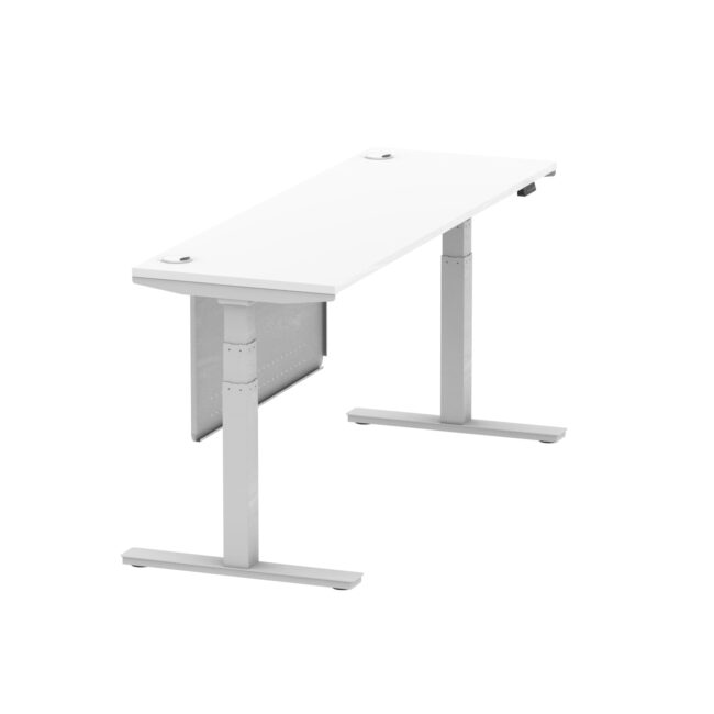 air height adjustable slimline desk with cable ports with steel modesty panel