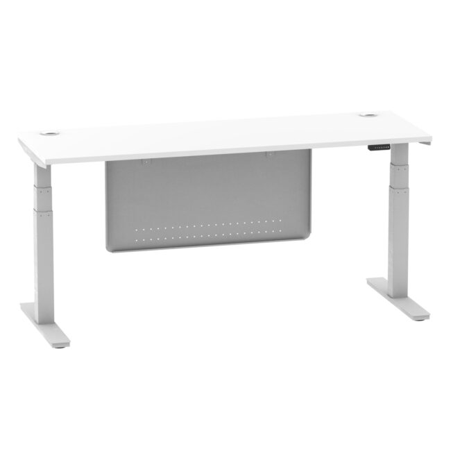 air height adjustable slimline desk with cable ports with steel modesty panel