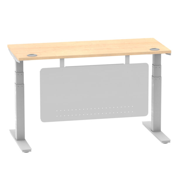 air height adjustable slimline desk with cable ports with steel modesty panel