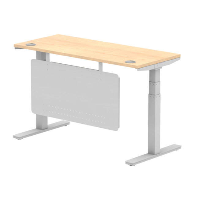 air height adjustable slimline desk with cable ports with steel modesty panel