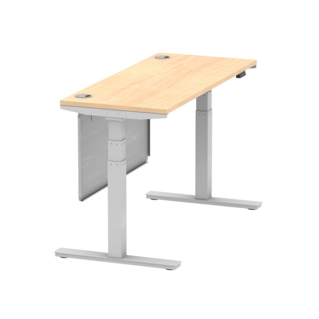air height adjustable slimline desk with cable ports with steel modesty panel