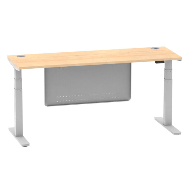 air height adjustable slimline desk with cable ports with steel modesty panel