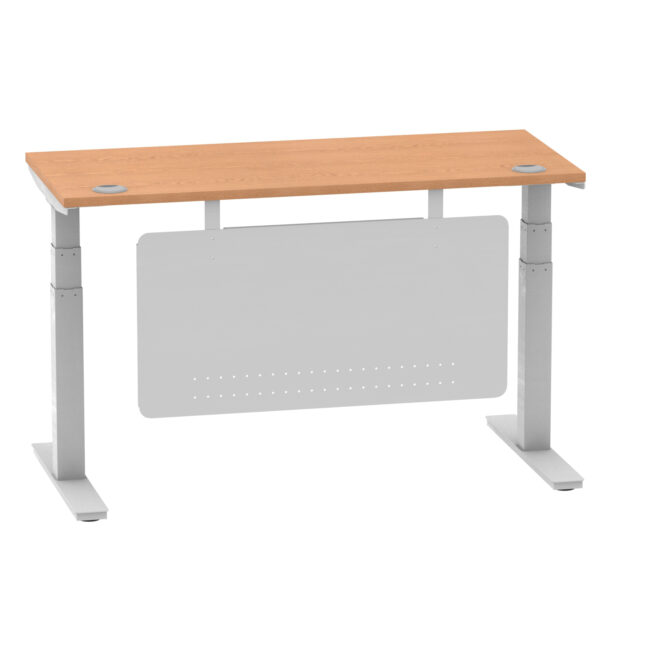 air height adjustable slimline desk with cable ports with steel modesty panel