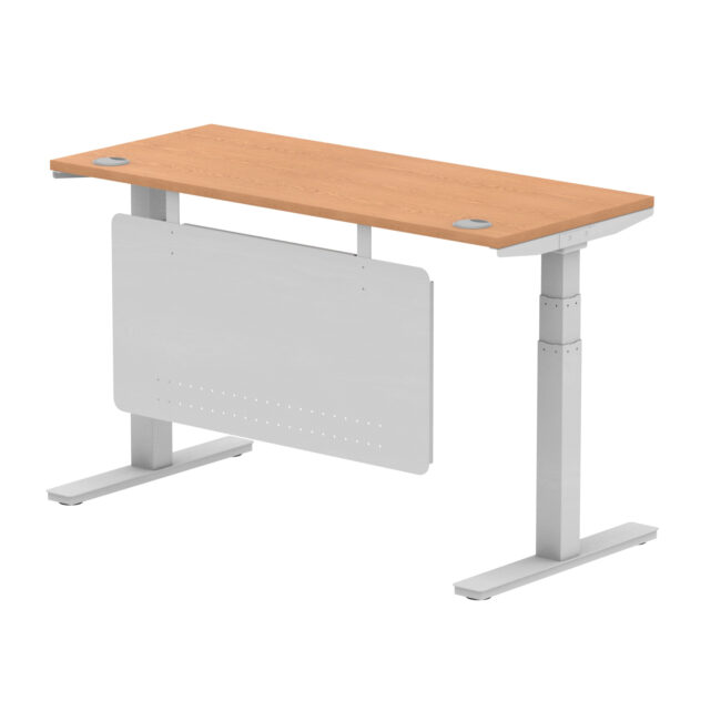 air height adjustable slimline desk with cable ports with steel modesty panel