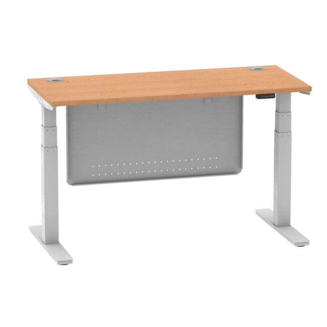 air height adjustable slimline desk with cable ports with steel modesty panel