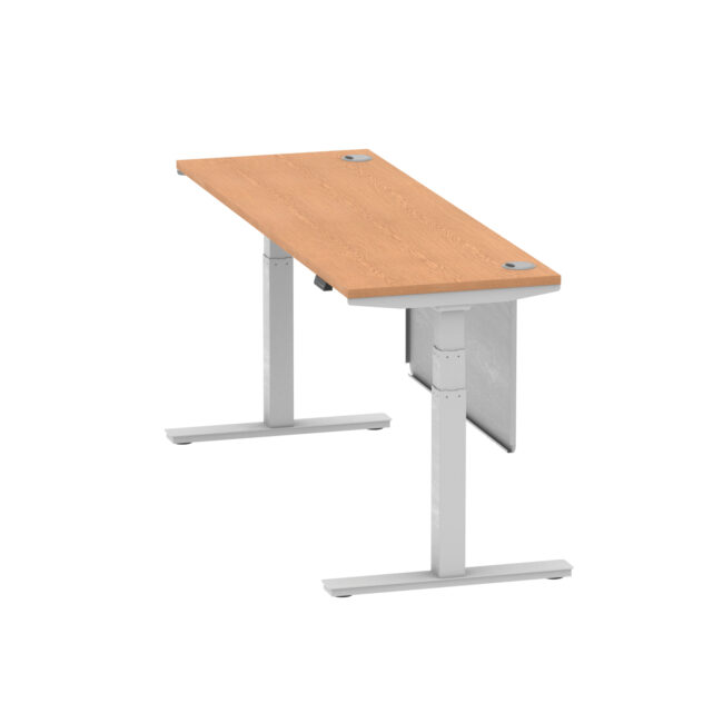 air height adjustable slimline desk with cable ports with steel modesty panel