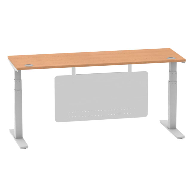 air height adjustable slimline desk with cable ports with steel modesty panel