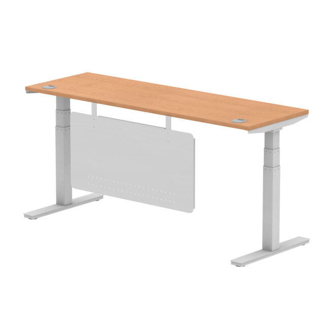 air height adjustable slimline desk with cable ports with steel modesty panel