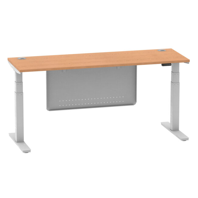 air height adjustable slimline desk with cable ports with steel modesty panel