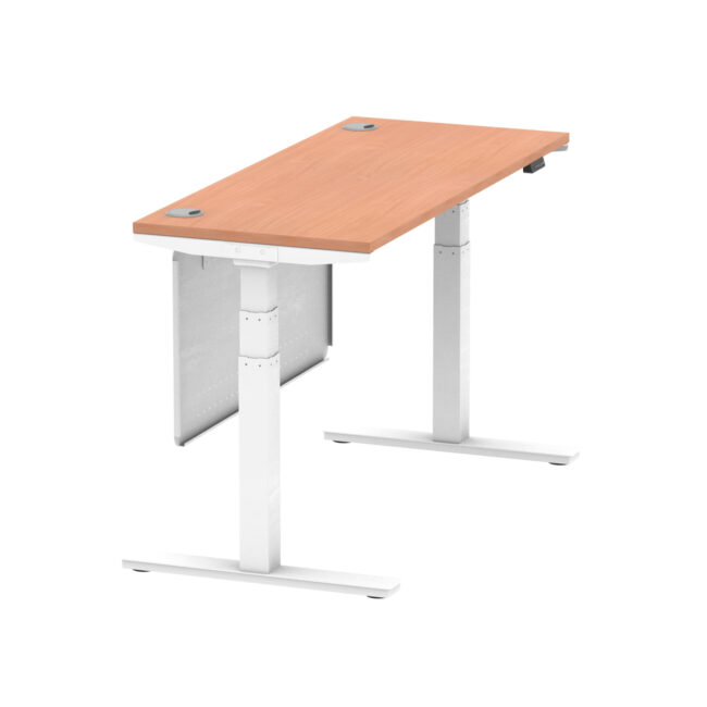 air height adjustable slimline desk with cable ports with steel modesty panel