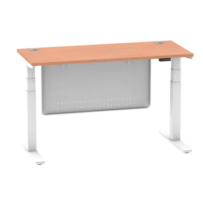 air height adjustable slimline desk with cable ports with steel modesty panel