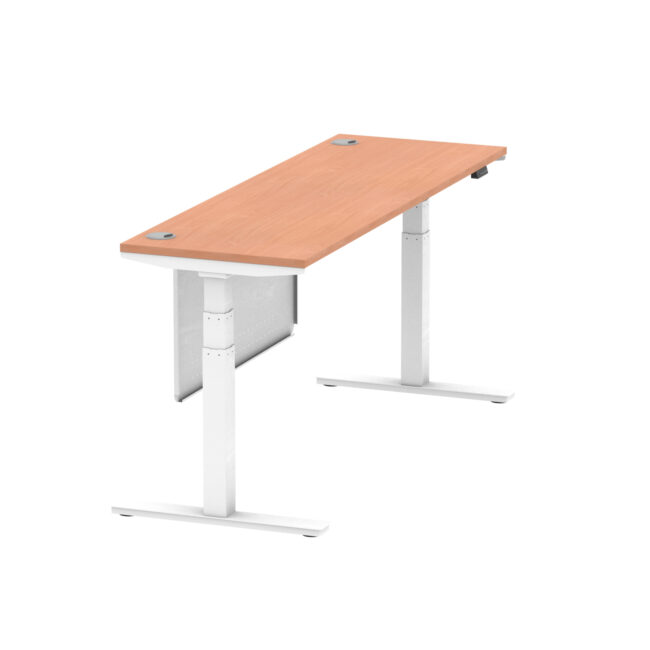 air height adjustable slimline desk with cable ports with steel modesty panel