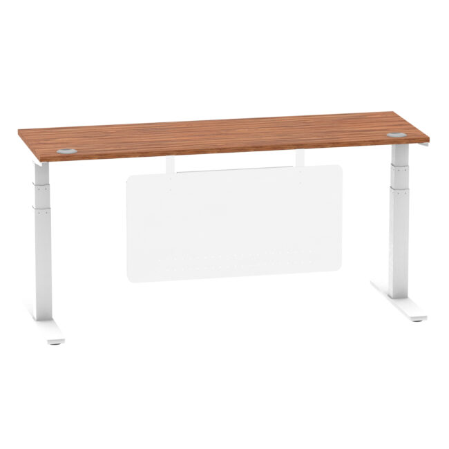 air height adjustable slimline desk with cable ports with steel modesty panel