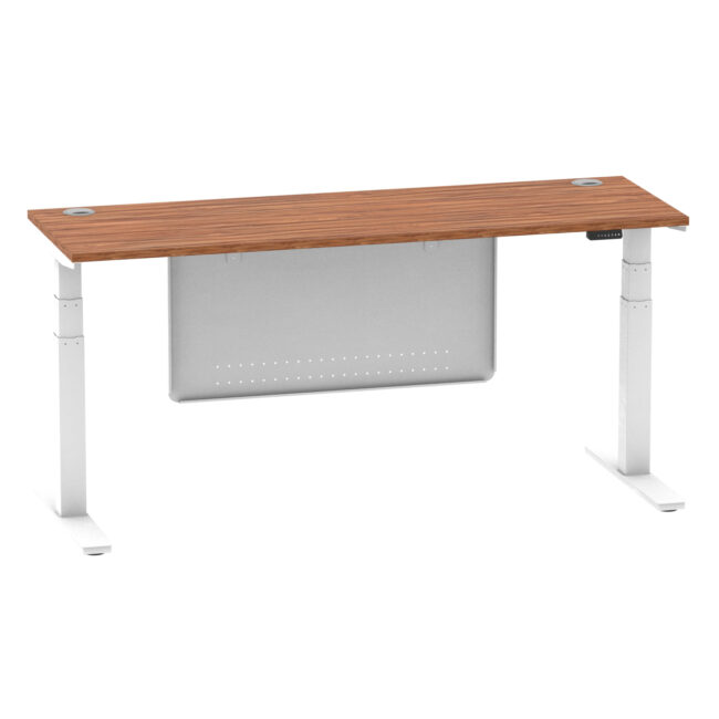 air height adjustable slimline desk with cable ports with steel modesty panel