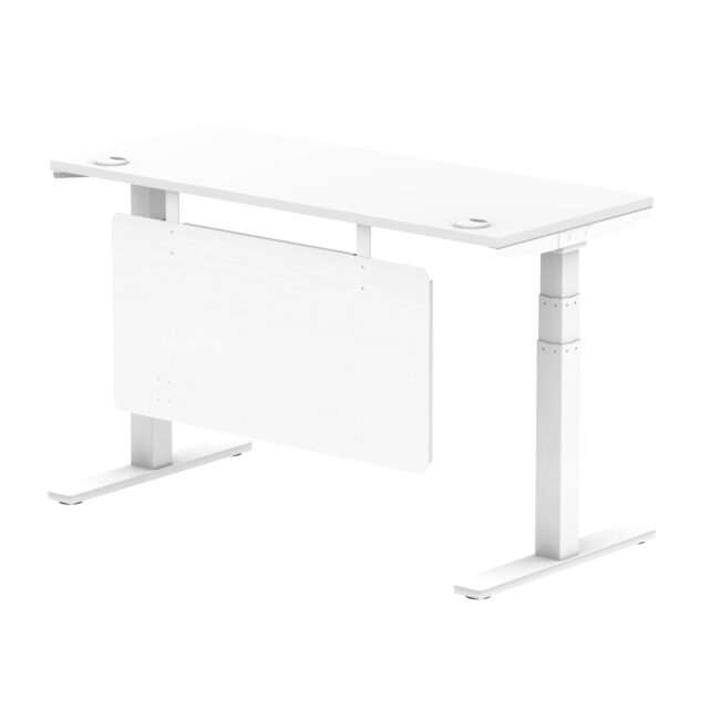 air height adjustable slimline desk with cable ports with steel modesty panel