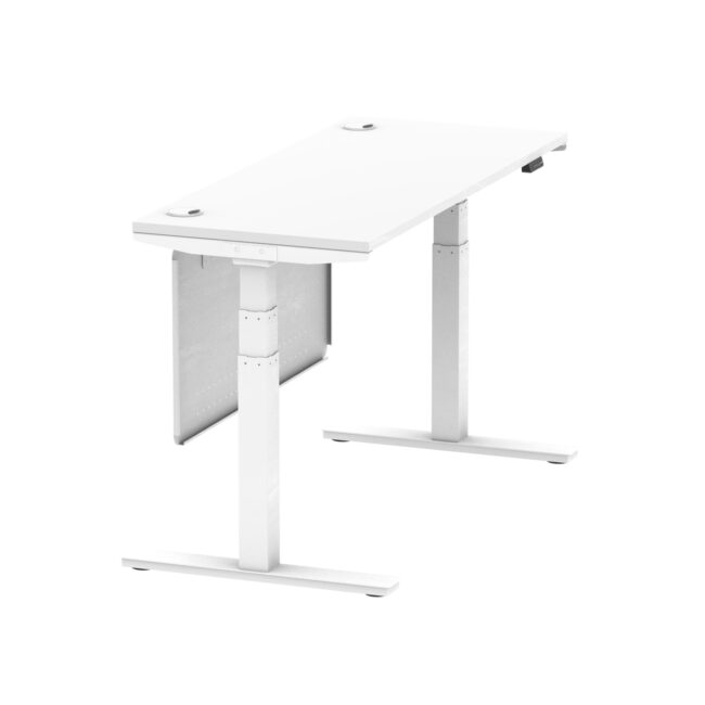 air height adjustable slimline desk with cable ports with steel modesty panel
