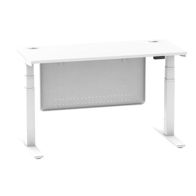 air height adjustable slimline desk with cable ports with steel modesty panel