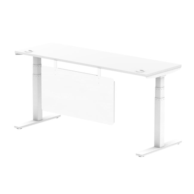 air height adjustable slimline desk with cable ports with steel modesty panel