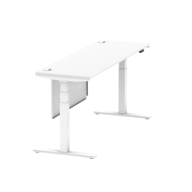 air height adjustable slimline desk with cable ports with steel modesty panel