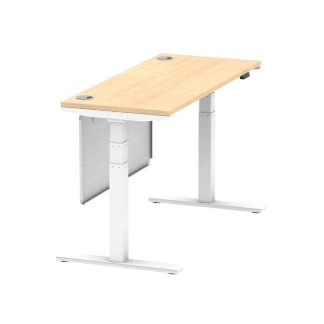 air height adjustable slimline desk with cable ports with steel modesty panel