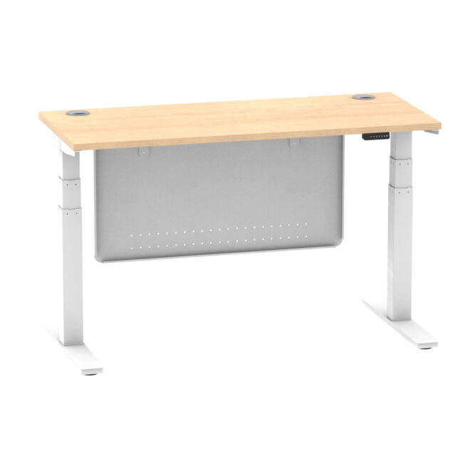 air height adjustable slimline desk with cable ports with steel modesty panel