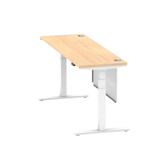air height adjustable slimline desk with cable ports with steel modesty panel