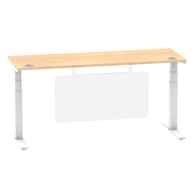 air height adjustable slimline desk with cable ports with steel modesty panel