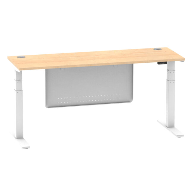 air height adjustable slimline desk with cable ports with steel modesty panel