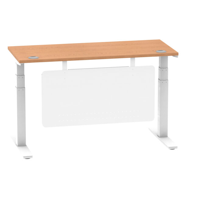 air height adjustable slimline desk with cable ports with steel modesty panel
