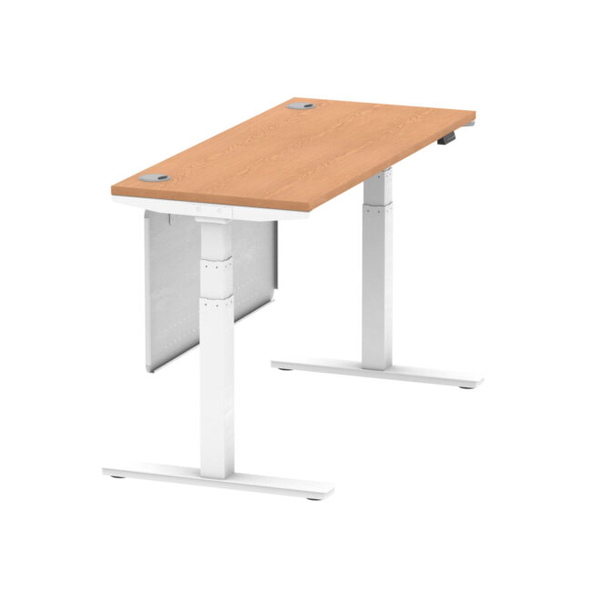 air height adjustable slimline desk with cable ports with steel modesty panel