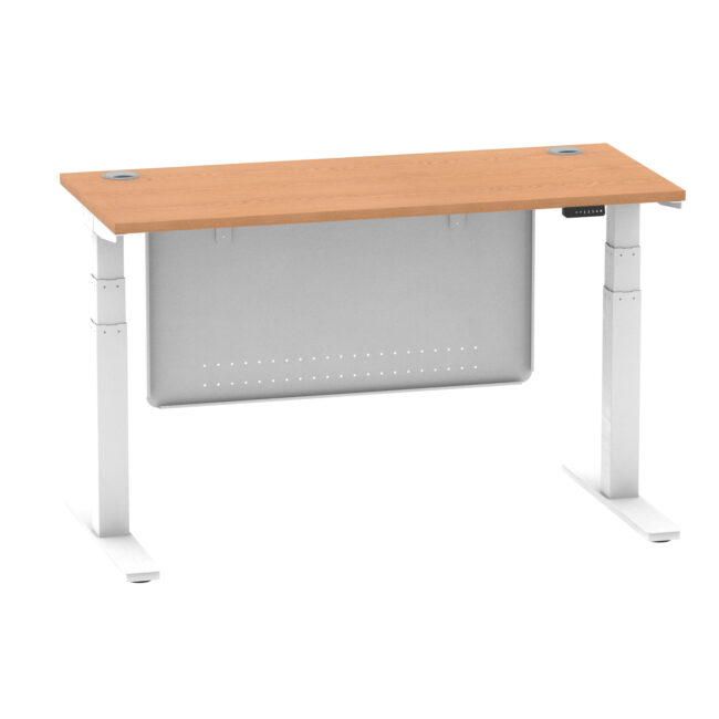 air height adjustable slimline desk with cable ports with steel modesty panel